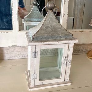 Farmhouse white distressed with galvanized metal lantern